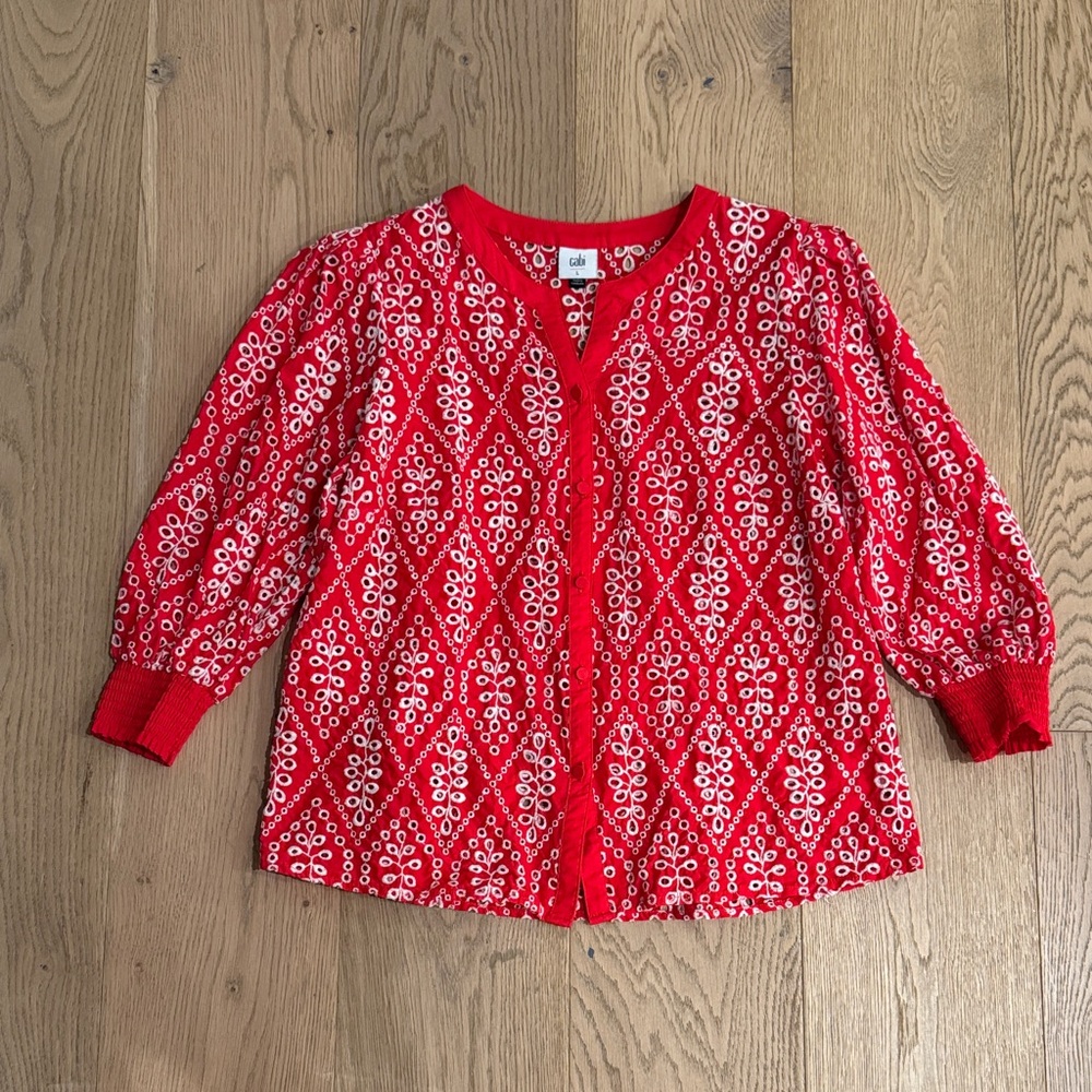 CAbi Red and White Eyelet Blouse